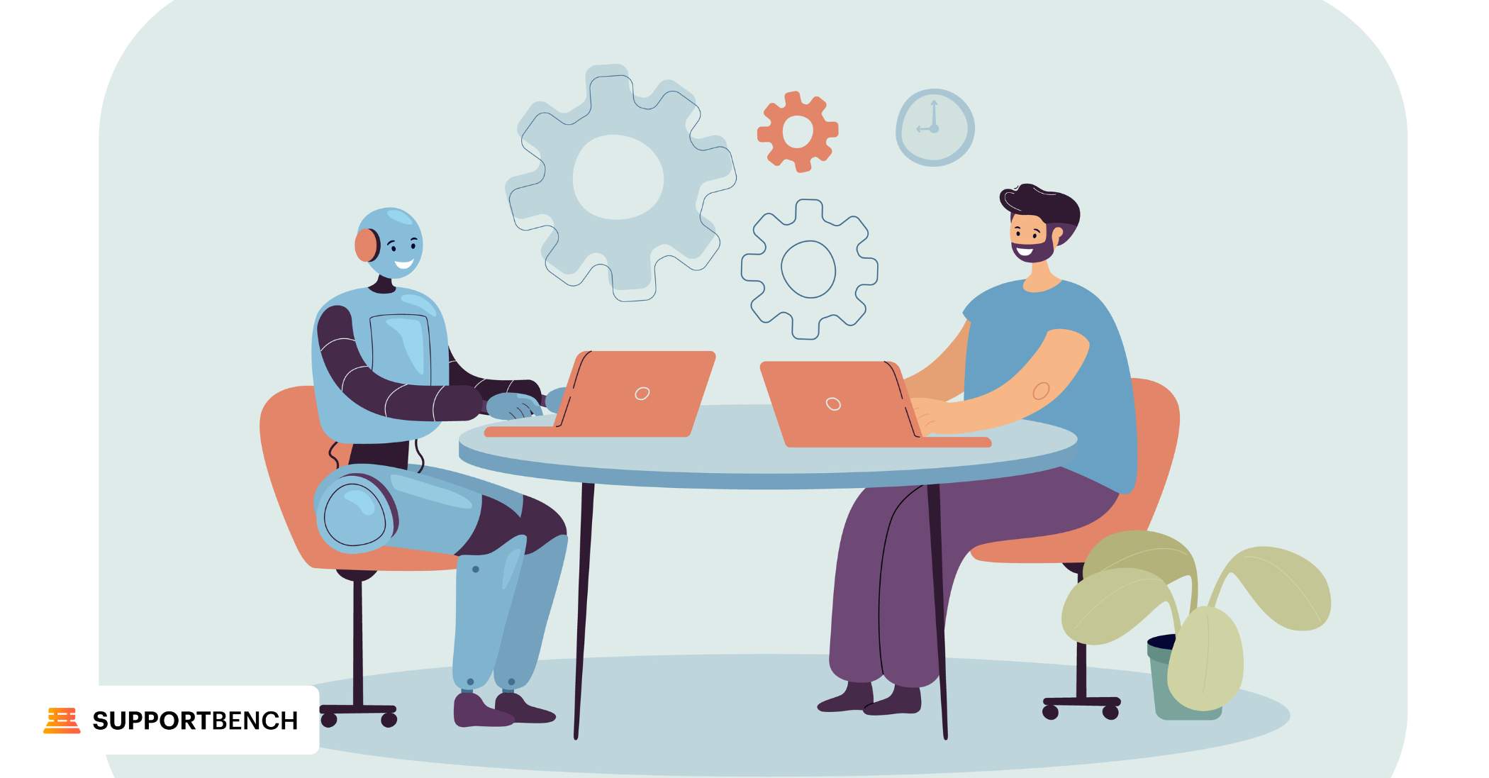 A person and a robot seated at a table with laptops, illustrating the concept of customer service hybrid automation in action.